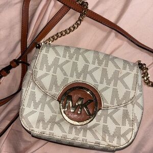 Michael Kors White and Brown Crossbody Bag with Gold Accents